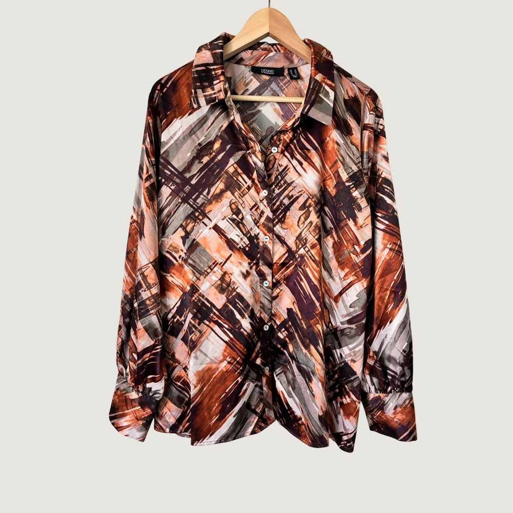 Dennis by Dennis Basso Abstract‎ Brushstroke Button Front Blouse Brown Copper XL